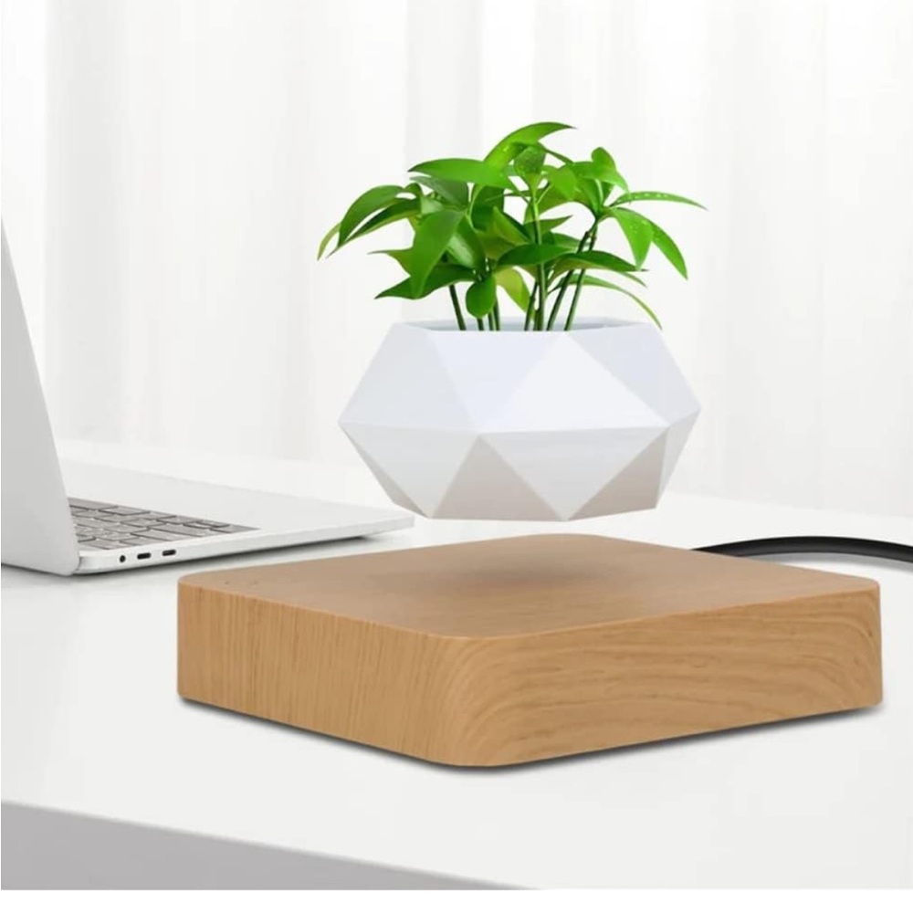Floating Geometric Planter with Wooden Base